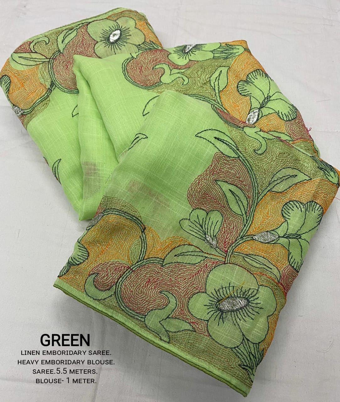 Green Pure Linen Ethnic Motifs Saree with Unstitched Blouse - A2M