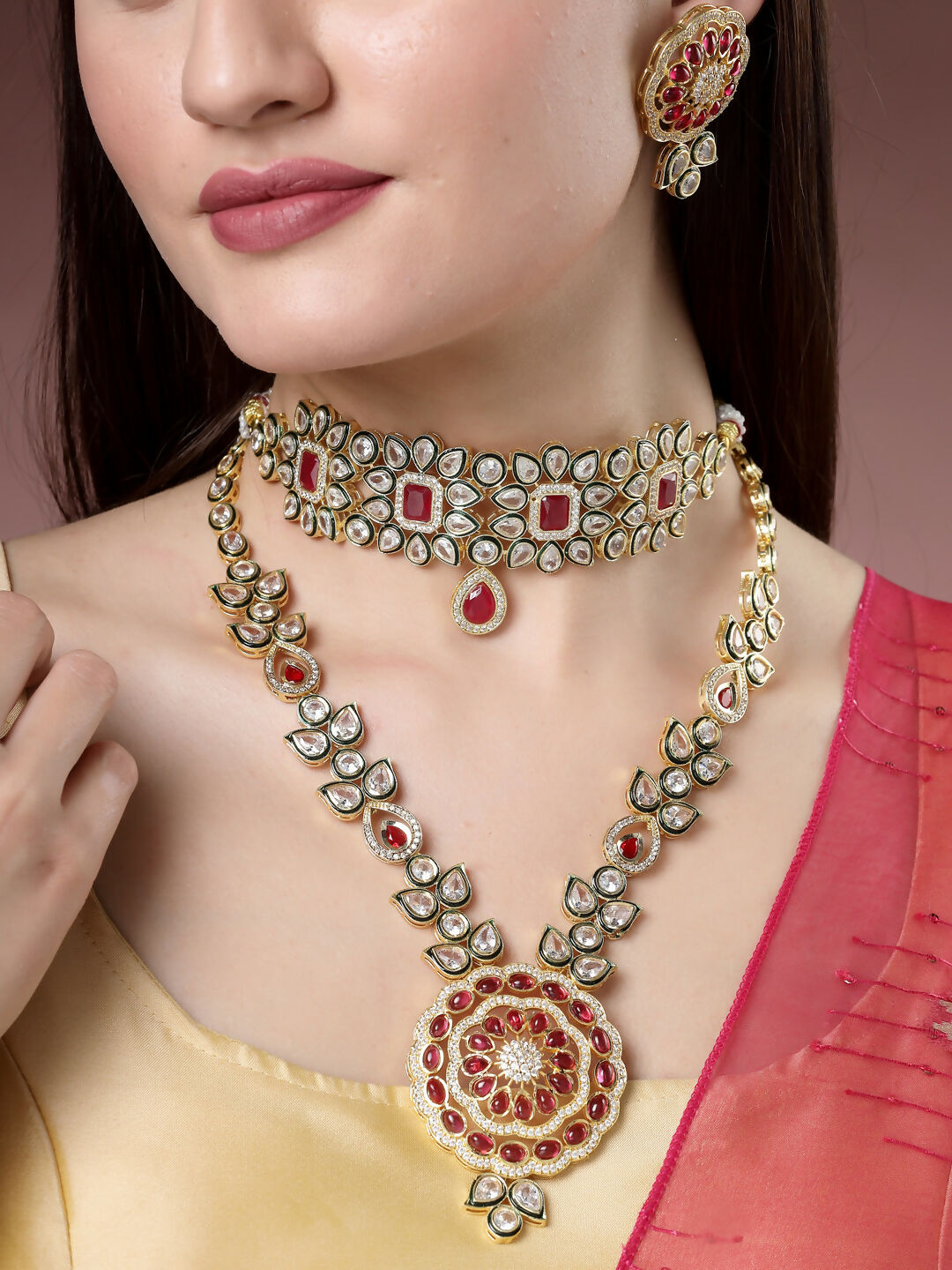 NVR Women's Set of 2 Red & Gold Kundan Studded Jewellery Set Choker & Long Necklace With Earrings - Distacart