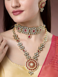 Thumbnail for NVR Women's Set of 2 Red & Gold Kundan Studded Jewellery Set Choker & Long Necklace With Earrings - Distacart