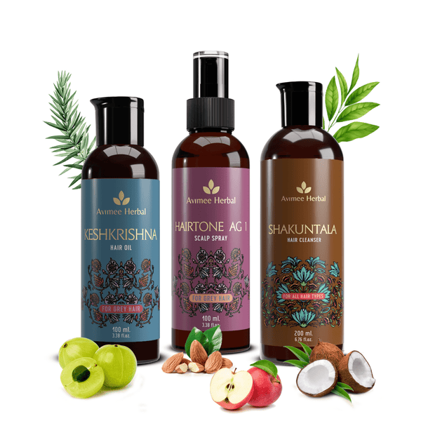 Avimee Herbal Anti Grey Kit With Shakuntala Hair Cleanser, Fights Grey Hair, With Amla, Curry Leaf and Henna Oil - Distacart