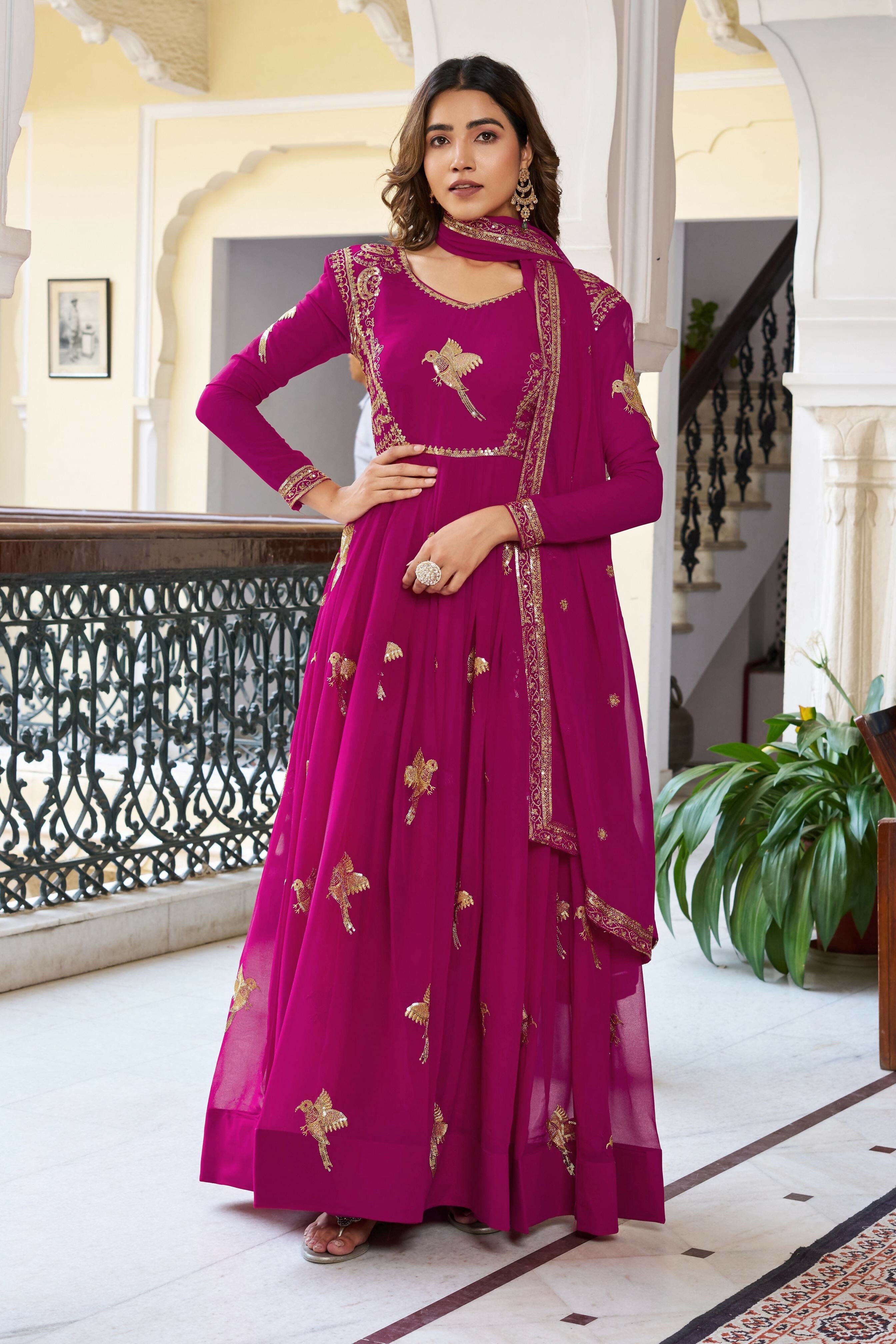 Joban Fashion pink Kurta set with Pant Georgette Thread with Sequins work