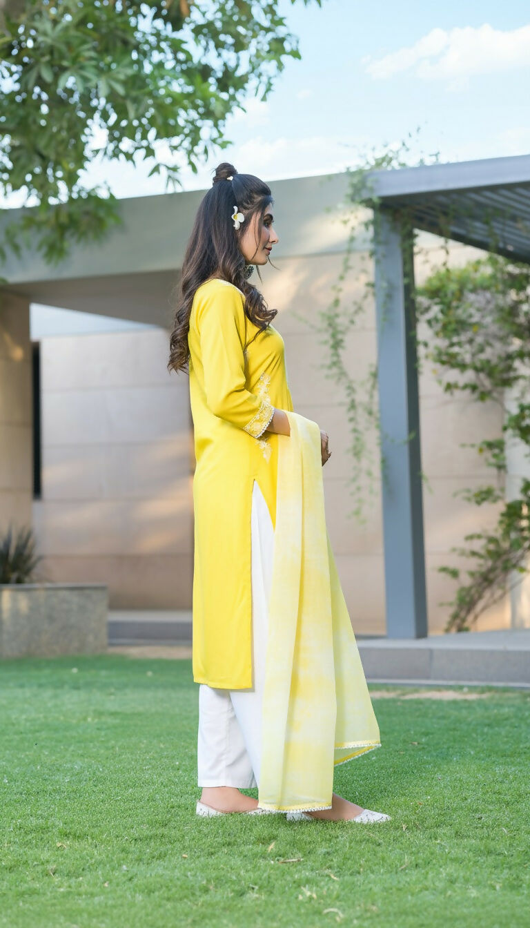BulBul Pooja Yellow Rayon Kurta Set with Dupatta