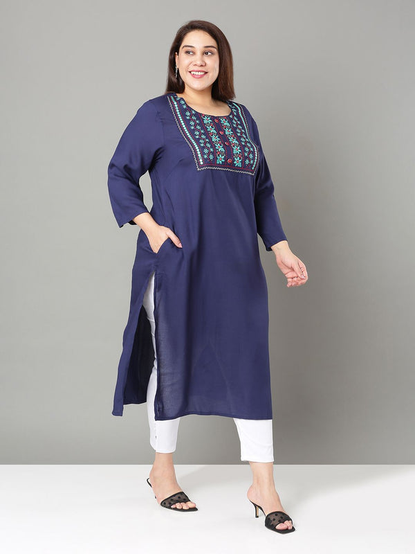 Sztori Plus Size Floral Yoke Design Thread Work Straight Kurta