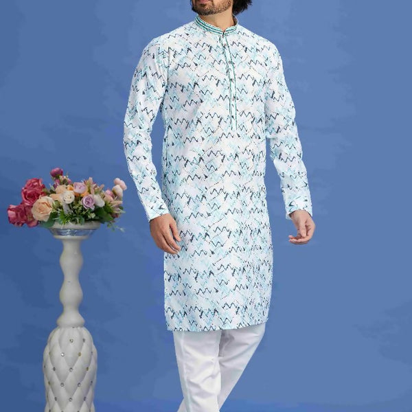 Raivat Ethnic Cotton Embroidery Kurta Pajama In Sky Blue Colour - Dista
