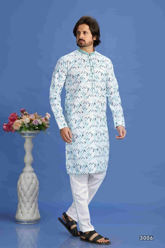 Raivat Ethnic Cotton Embroidery Kurta Pajama In Sky Blue Colour - Dista