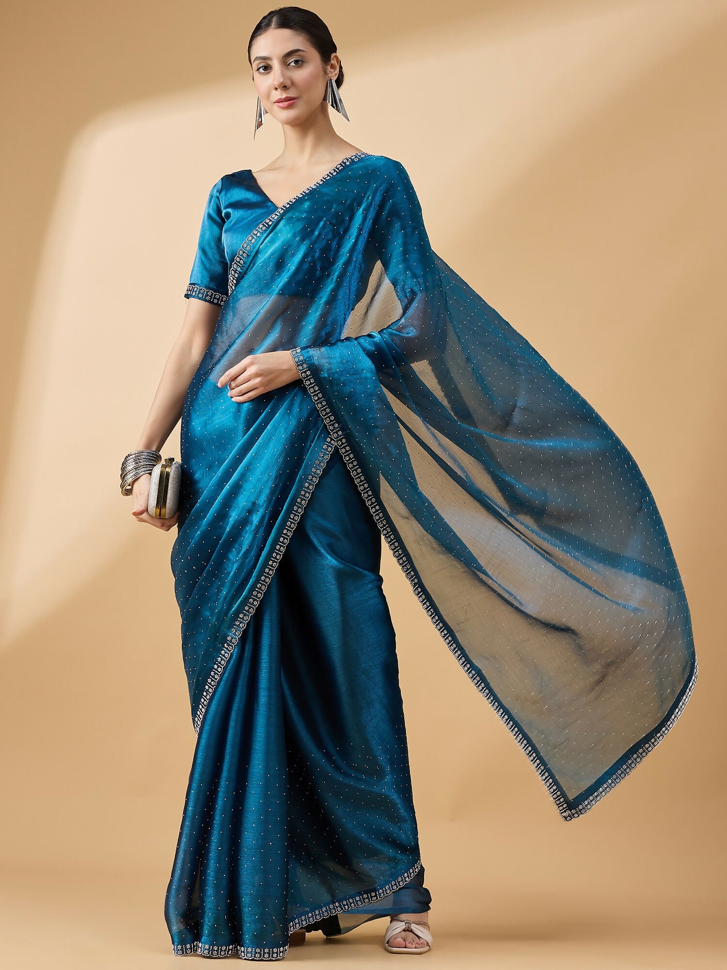 Teal Organza Swaroski Diamond Work Saree with Unstitched Blouse - Radha - Distacart