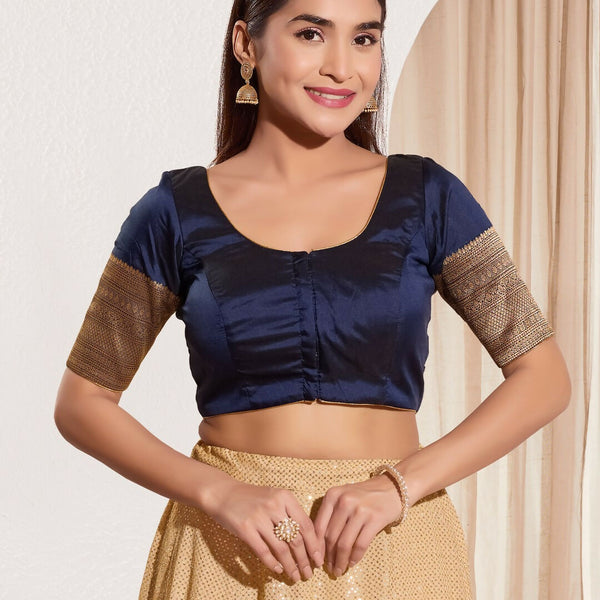 Joban Fashion Navy Blue Taffeta Silk Padded Blouse With Round Neck Elbow Sleeves - Distacart
