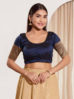 Thumbnail for Joban Fashion Navy Blue Taffeta Silk Padded Blouse With Round Neck Elbow Sleeves - Distacart