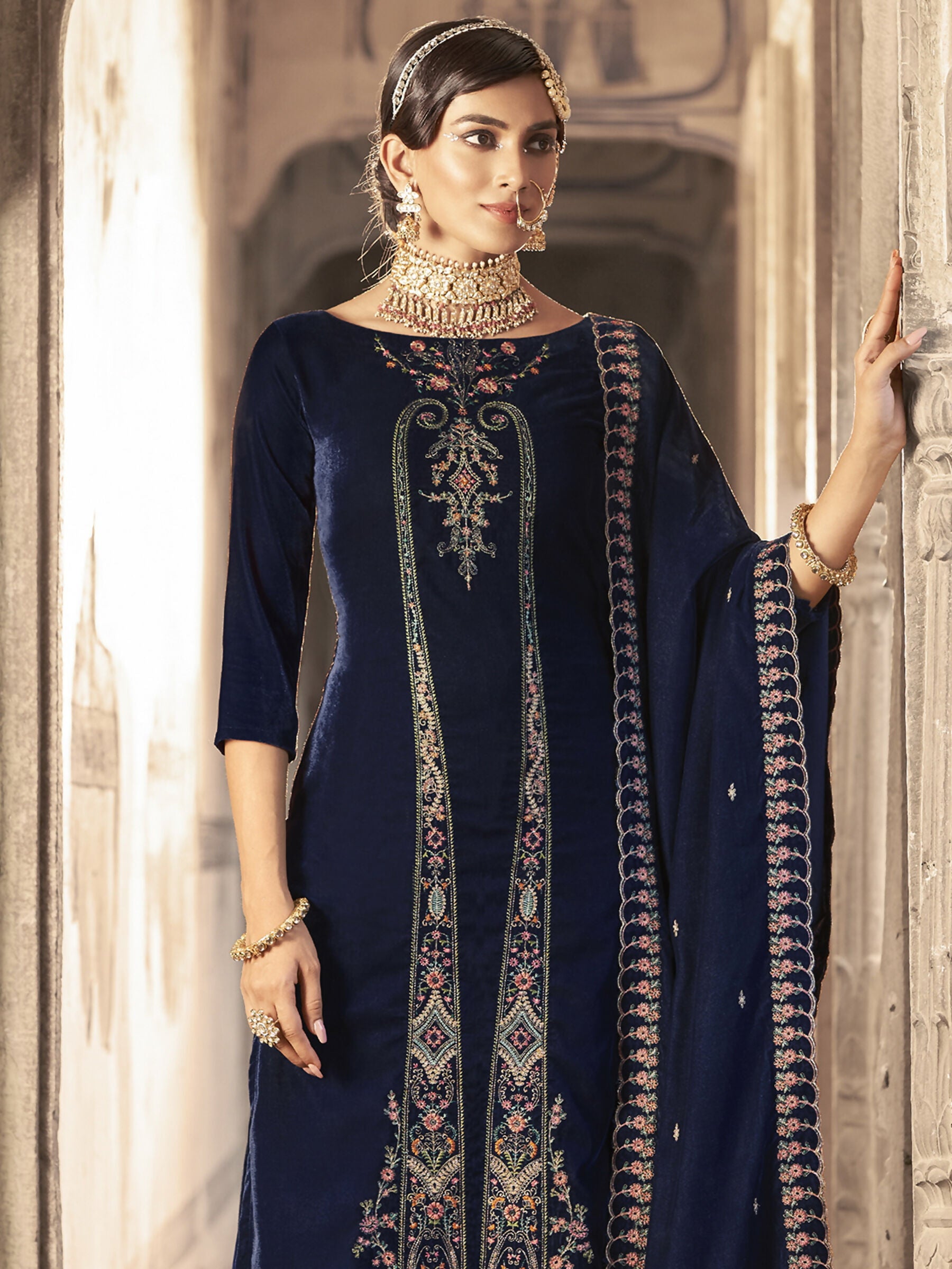 Jyoti Fashion Women's Navy Blue Velvet Floral Resham Thread with Jari work Kurta with Trouser & Dupatta - Distacart