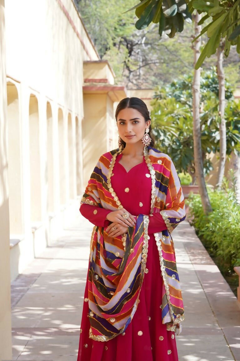 Aastha Fashion Rani Pink Faux Georgette Printed Gown With Dupatta - Distacart