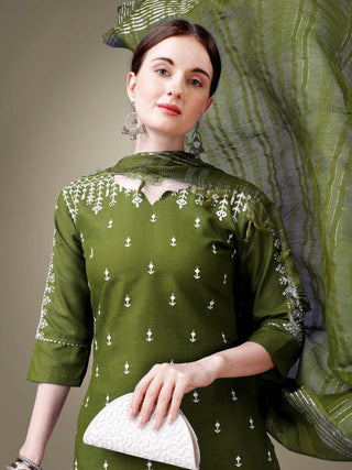 Aastha Fashion Women's Mehendi Cotton Blend Embroidery & Sequence Work Kurta with Trouser & Dupatta - Distacart