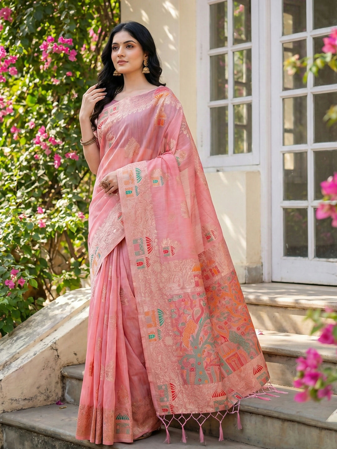 Shree Shyam Fashion Pink Linen Cotton Saree - Distacart