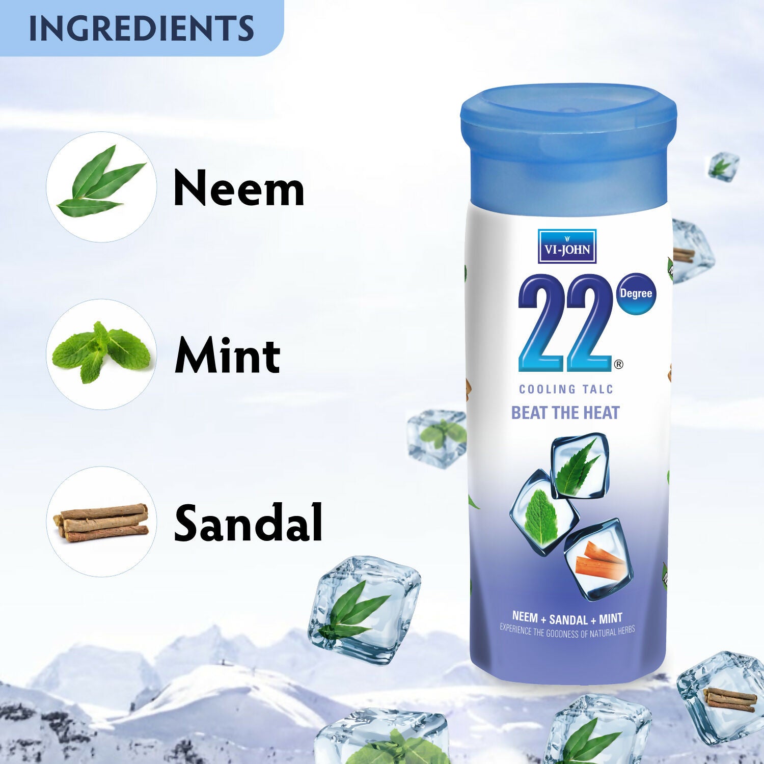VI-JOHN 22 Degree Cooling Talc Beat the Heat Neem,Sandal and Mint