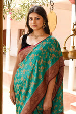 Thumbnail for Joban Fashion Teal Green Crepe Chiffon Pure Handloom Banarasi Silk Saree