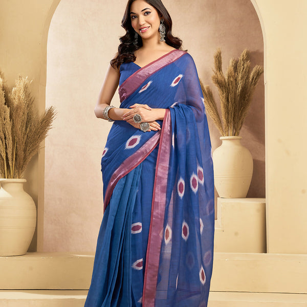 Vastranavya Blue Digital Printed Linen Ready To Wear Pocket Saree with Unstitched Blouse - Distacart