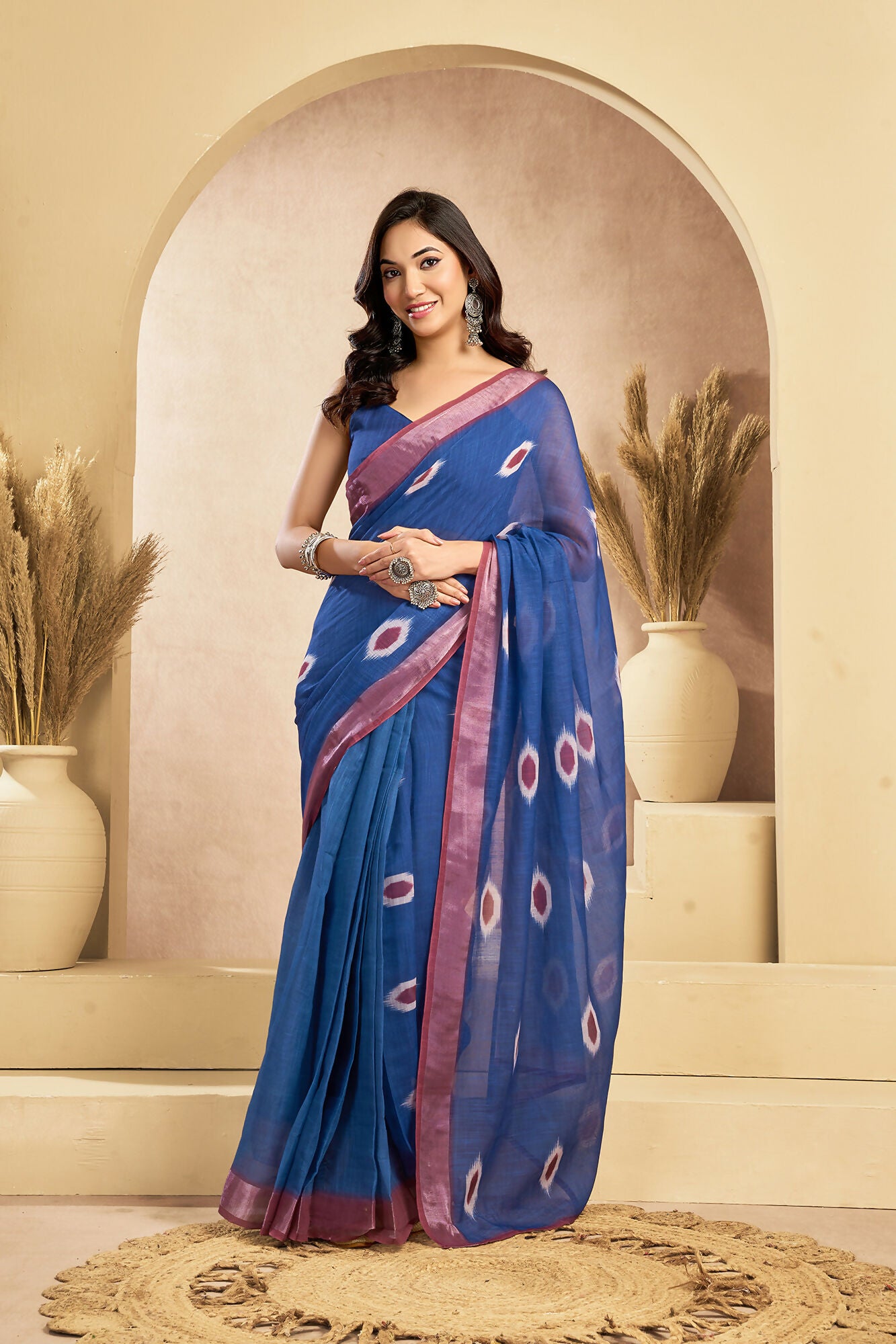 Vastranavya Blue Digital Printed Linen Ready To Wear Pocket Saree with Unstitched Blouse
