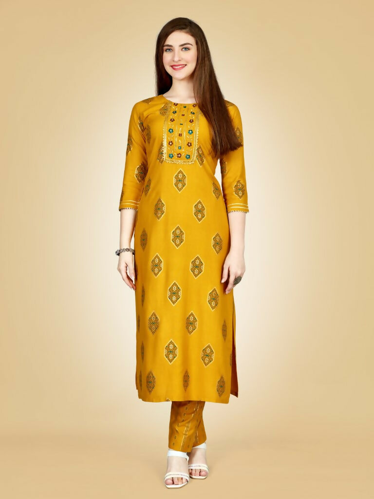 Jyoti Fashion Women's Yellow Viscose Rayon Embroidered Kurta Pant Set - Distacart