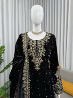 Thumbnail for Vastranavya Black Viscose Velvet Cording Sequence With Moti Work Top-Bottom With Dupatta