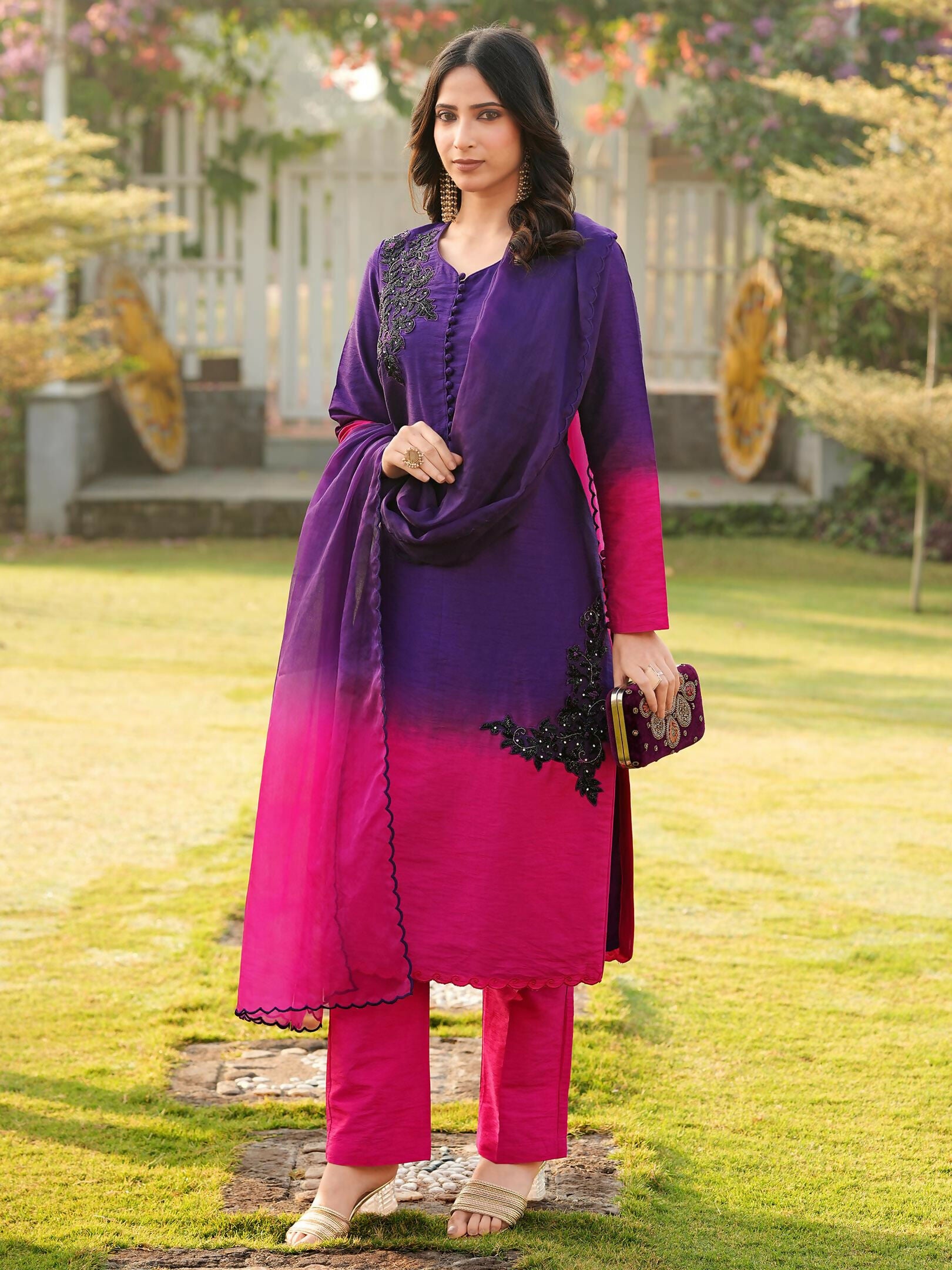 Nikhaar Dark Purple Embroidered Art Silk Stitched Straight Cut Kurta Pants Dupatta Readymade Suit - Dista