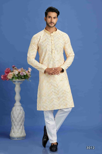 Raivat Ethnic Cotton Embroidery Kurta Pajama In Yellow Colour - Dista