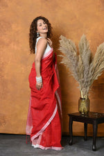 Thumbnail for Very Much Indian Pure Cotton Handloom Saree with Buttis & Sleek Border - Red - Distacart