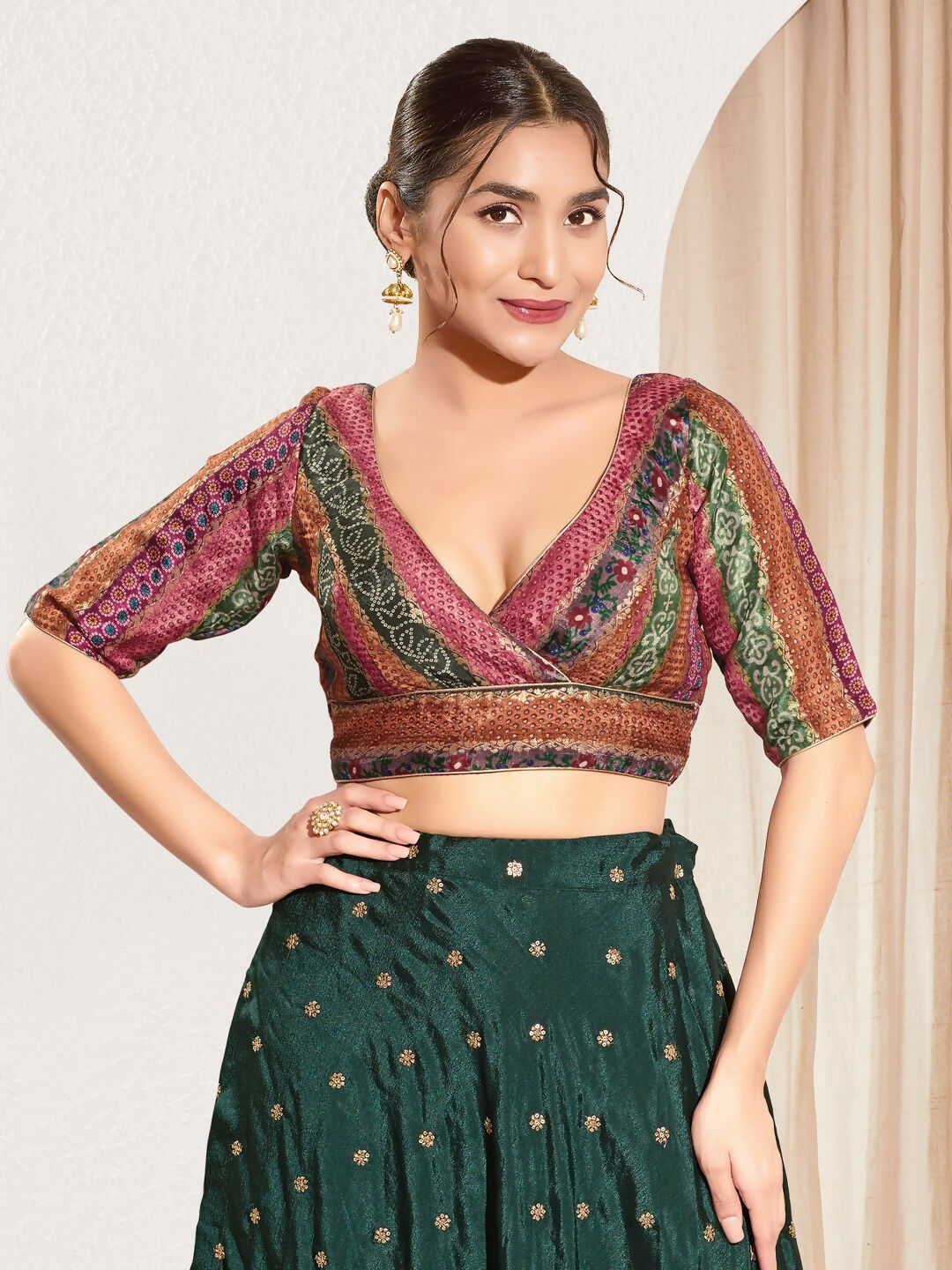 Joban Fashion Magenta Brocade Padded Blouse With V Neck Elbow Sleeves