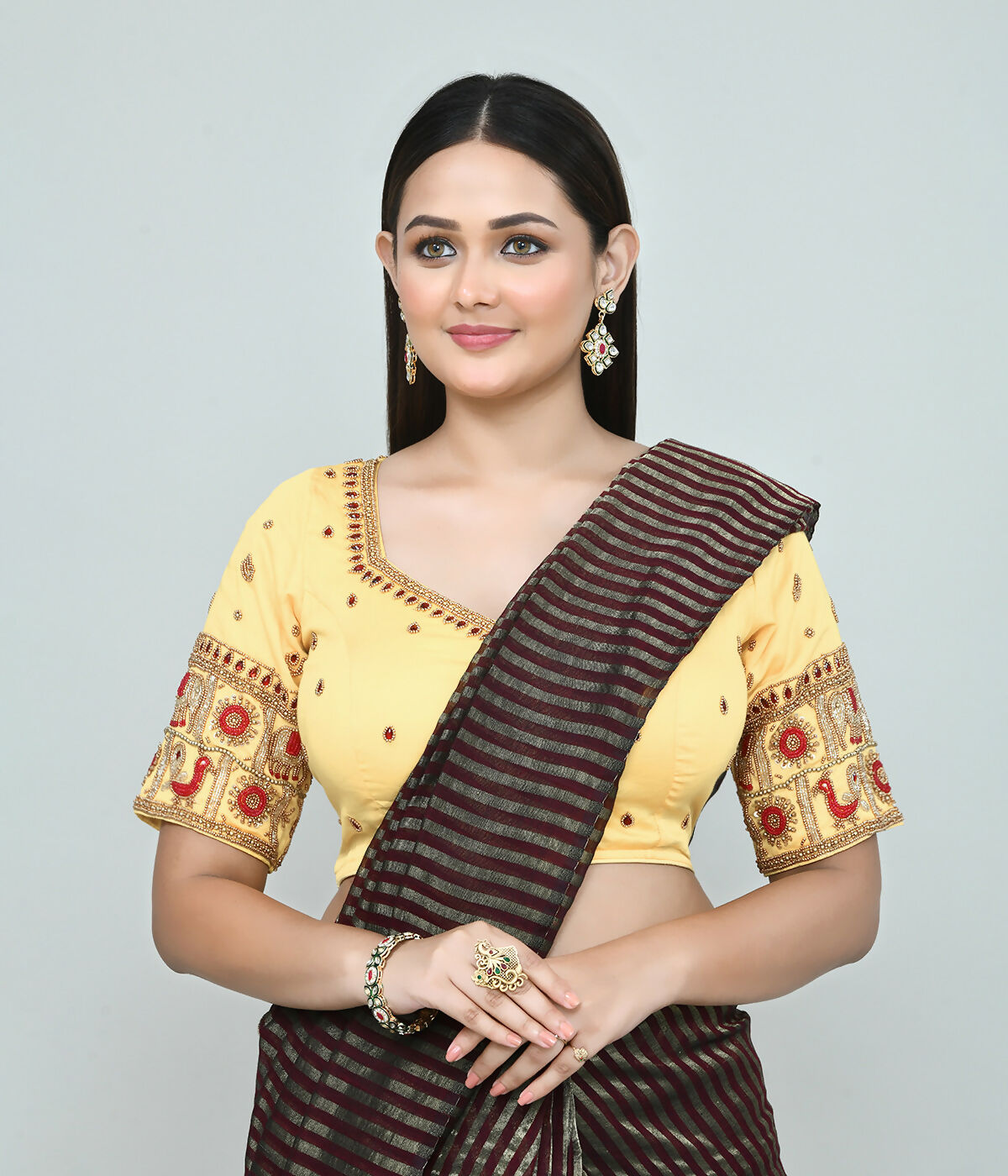 Joban Fashion Women's Light Yellow Embroidered Stitched Blouse