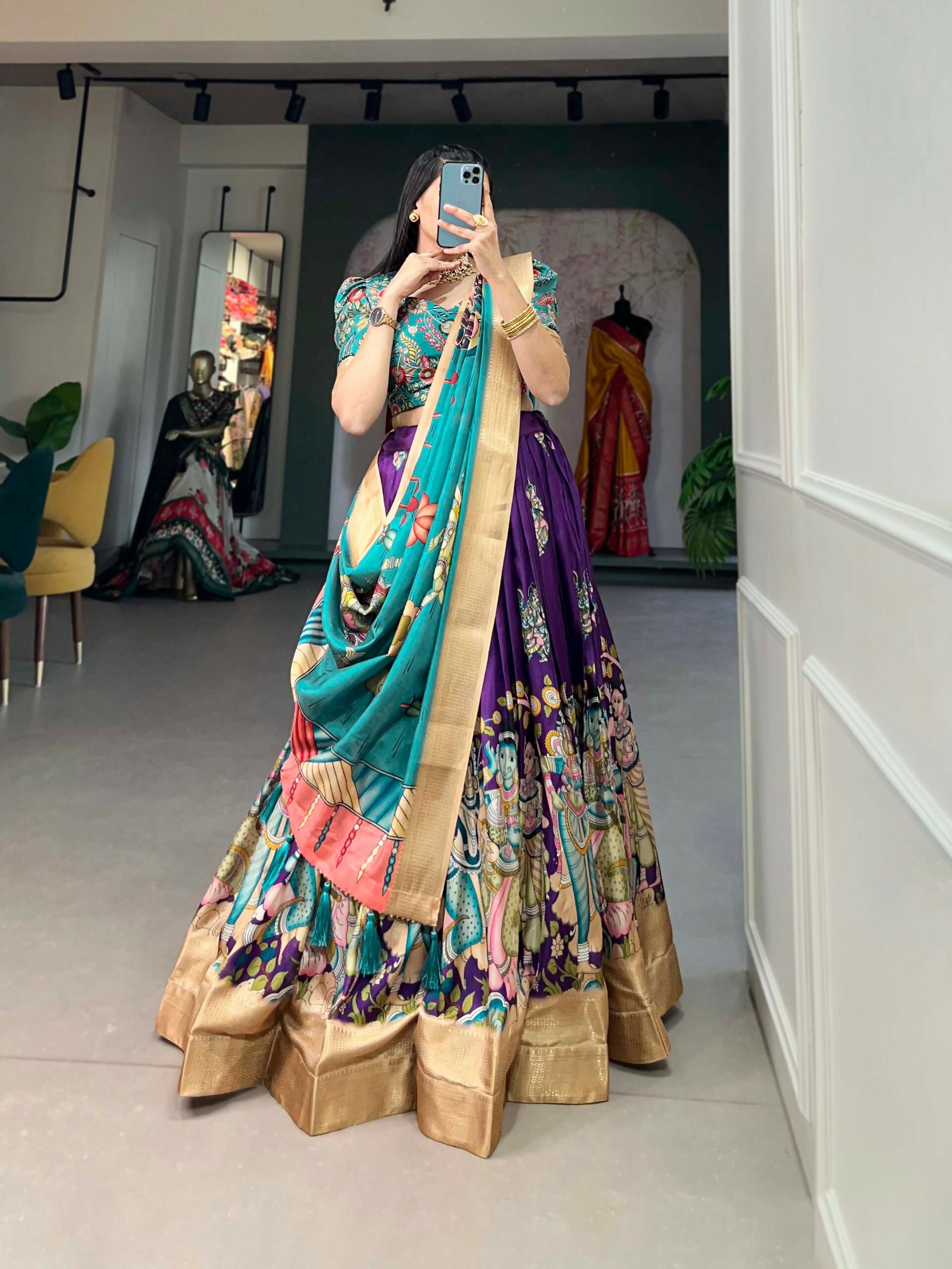 Vastranavya Kalamkari Print With Weaving Border Lehenga with Unstitched Blouse - Purple - Distacart