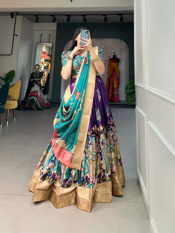 Vastranavya Kalamkari Print With Weaving Border Lehenga with Unstitched Blouse - Purple - Distacart