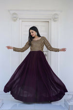 Thumbnail for Jyoti Fashion Women's Wine Sequence Zari Embroidered Faux Blooming Anarkali Dress - Distacart
