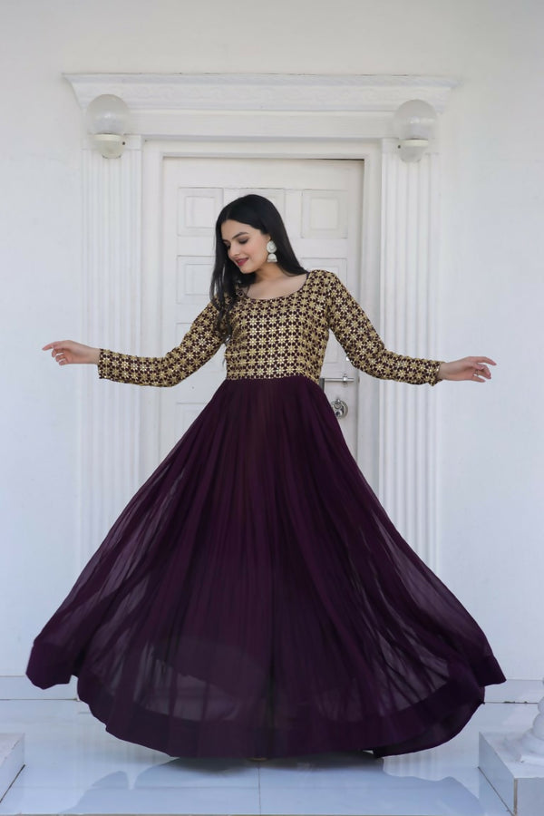 Jyoti Fashion Women's Wine Sequence Zari Embroidered Faux Blooming Anarkali Dress - Distacart