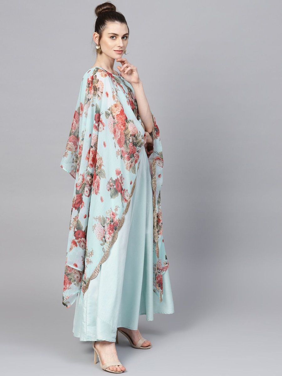 Ahalyaa Aqua Blue Poly Silk Kurta With Attached Printed Dupatta - Distacart