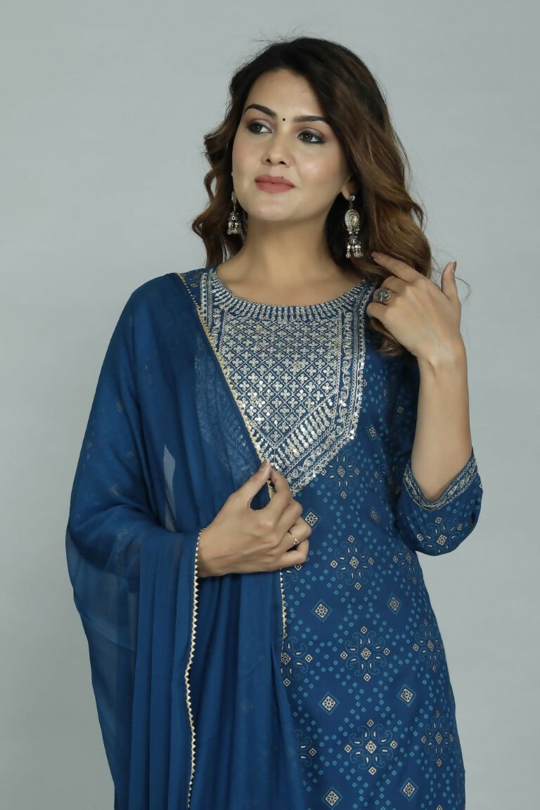 Alvano Printed Sequence Kurti with Pant and Dupatta set Rayon (Blue) - Distacart