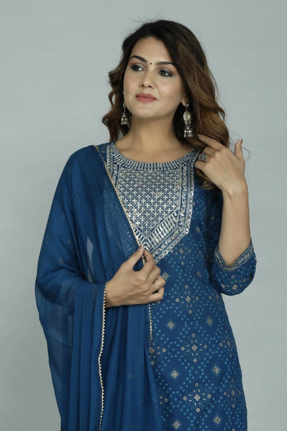 Alvano Printed Sequence Kurti with Pant and Dupatta set Rayon (Blue) - Distacart
