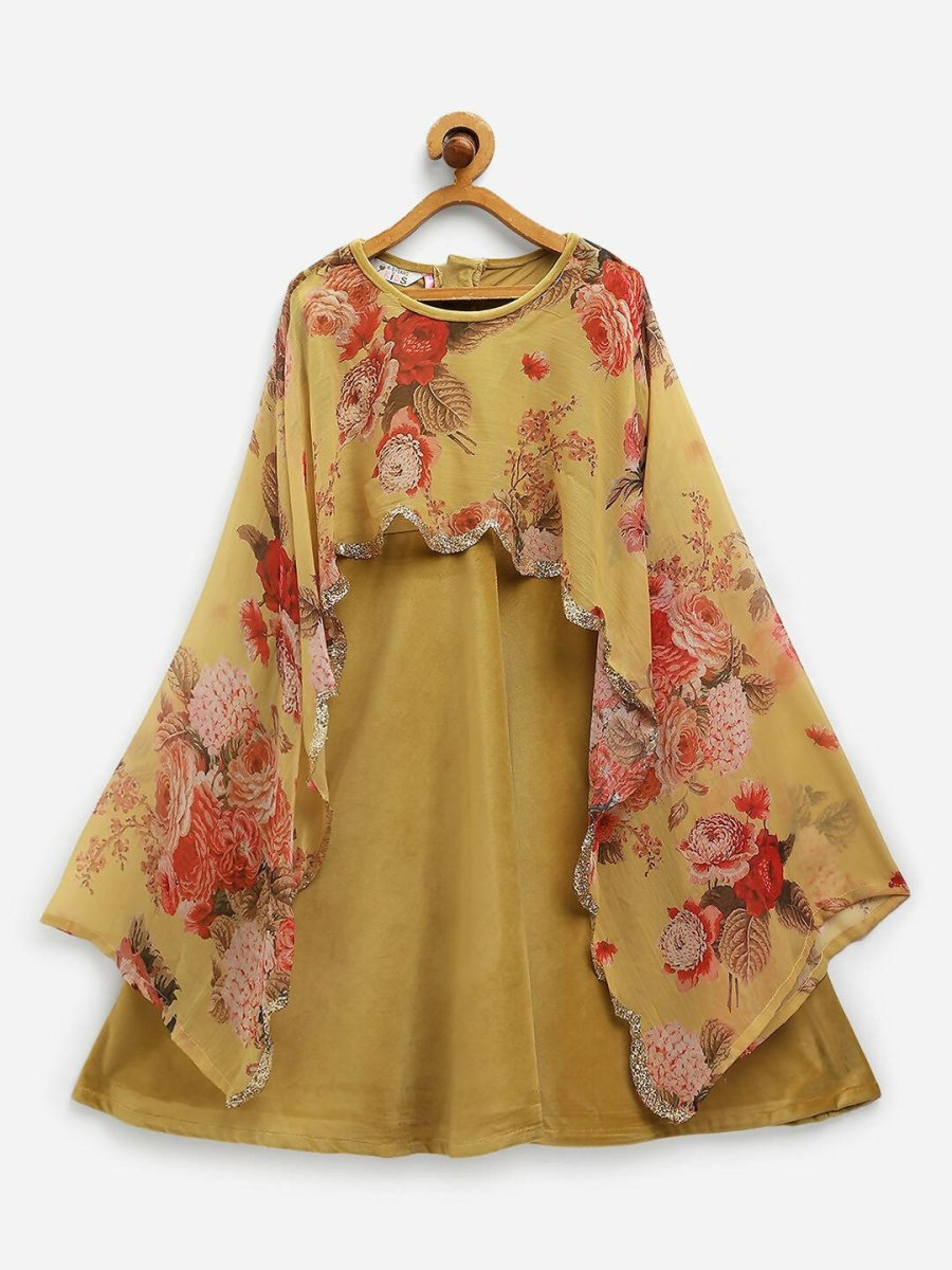 Ahalyaa Mustard Velvet Kids Dress With Attached Dupatta For Girls - Distacart