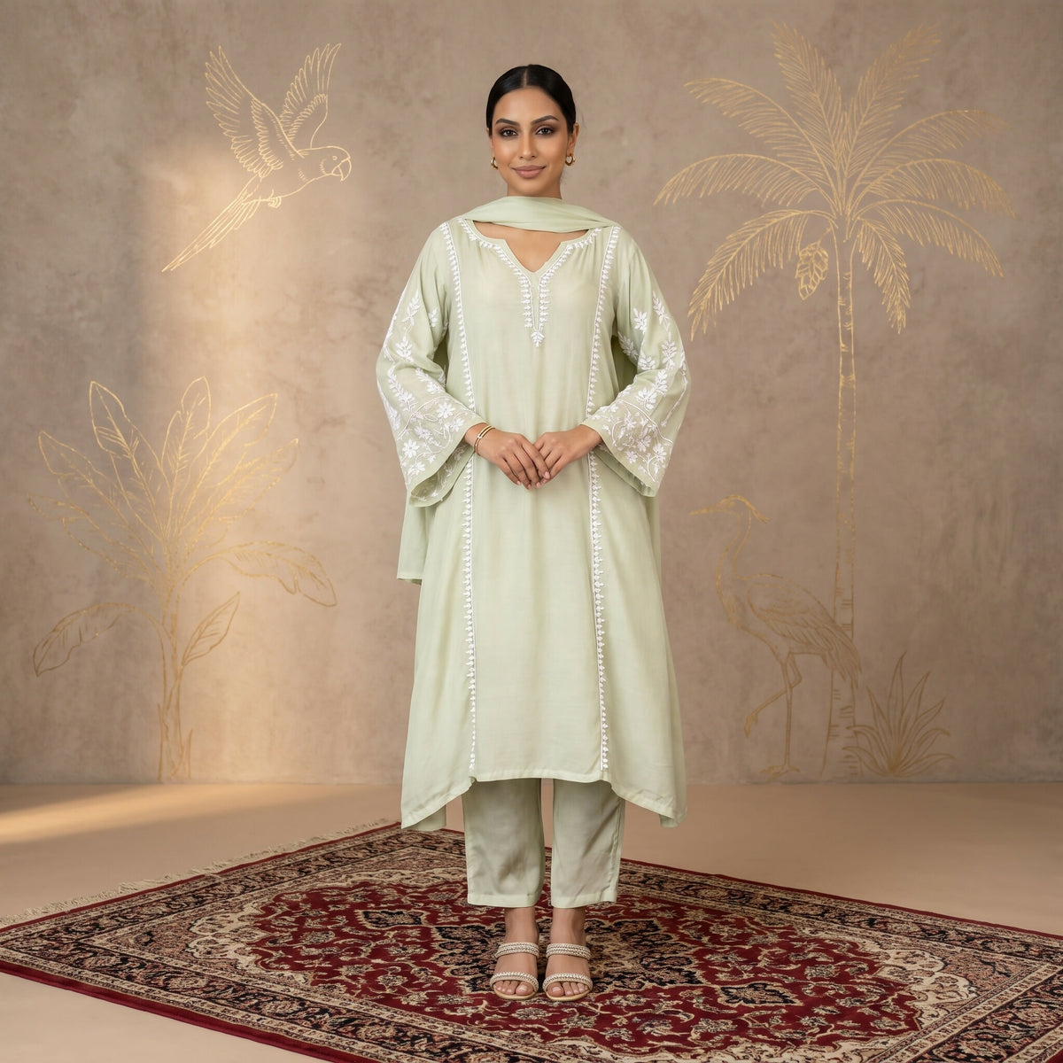 Gharana India Jashn Premium Muslin Chikankari Soft Sage A Line 3PC Kurta Set with Dupatta