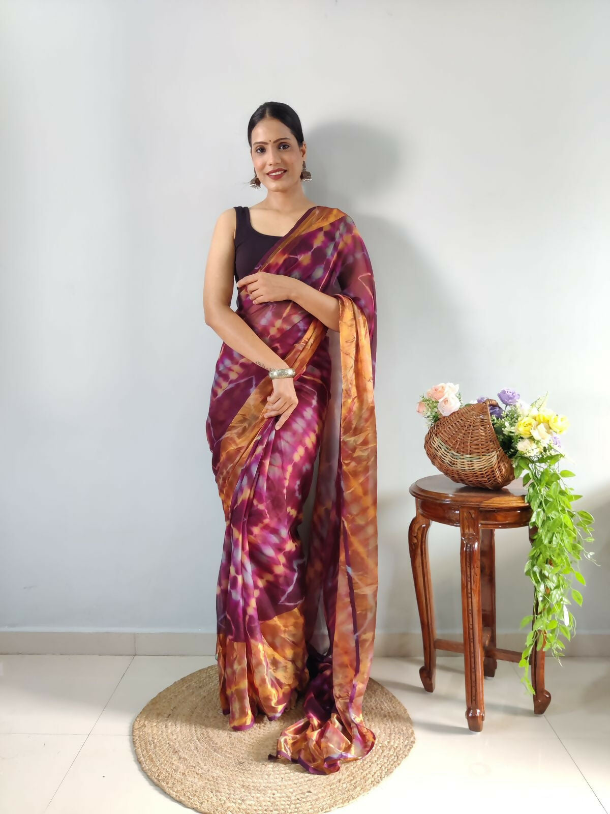 Malishka Chiffon Printed Ready To Wear Saree With Blouse Piece - Pink - Distacart
