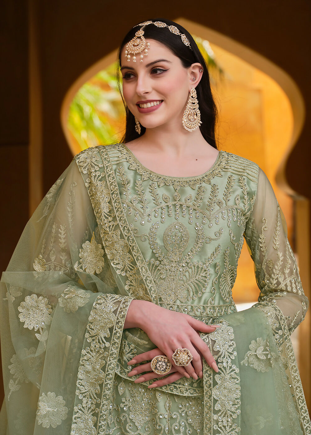 Pista Green Pure Butterfly Net Wedding Wear Anarkali Suit - Emponline - Distacart