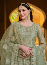 Thumbnail for Pista Green Pure Butterfly Net Wedding Wear Anarkali Suit - Emponline - Distacart
