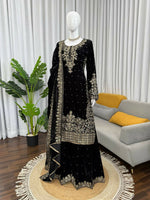 Thumbnail for Vastranavya Black Viscose Velvet Cording Sequence With Moti Work Top-Bottom With Dupatta