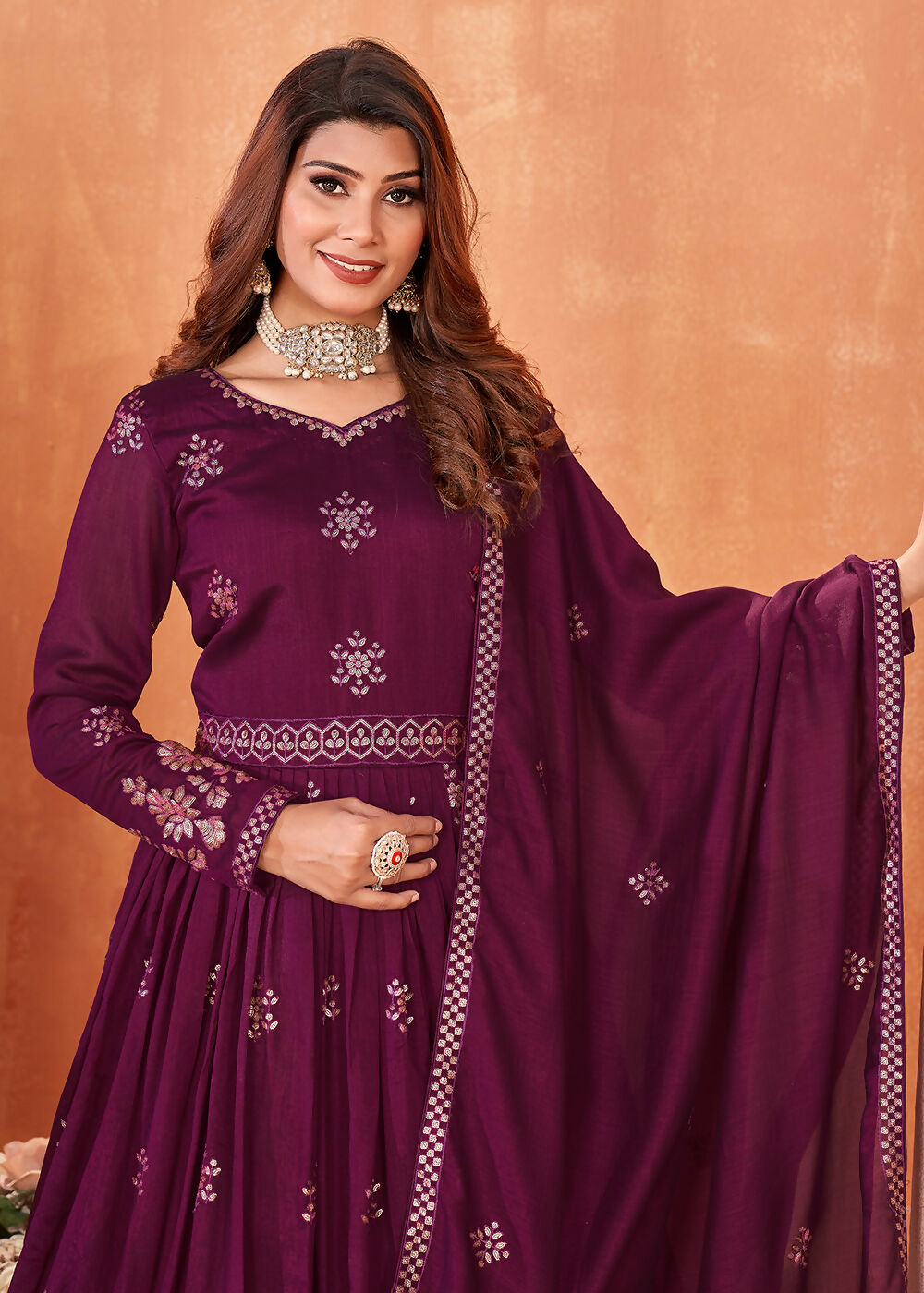 Wine Purple Festive Embroidered Art Silk Anarkali Suit - Emponline - Distacart