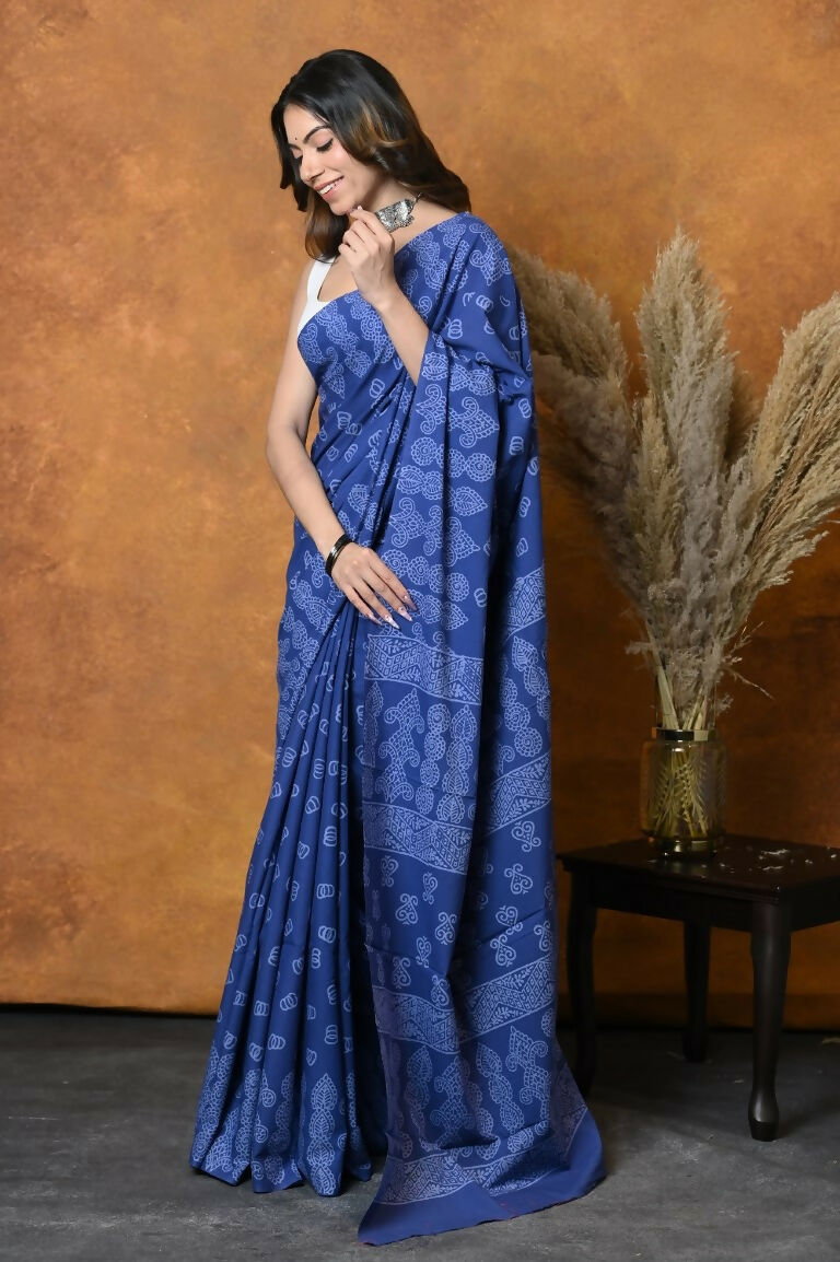Very Much Indian Handblock Printed Cotton Saree With Natural Dyes - Indigo Blue - Distacart