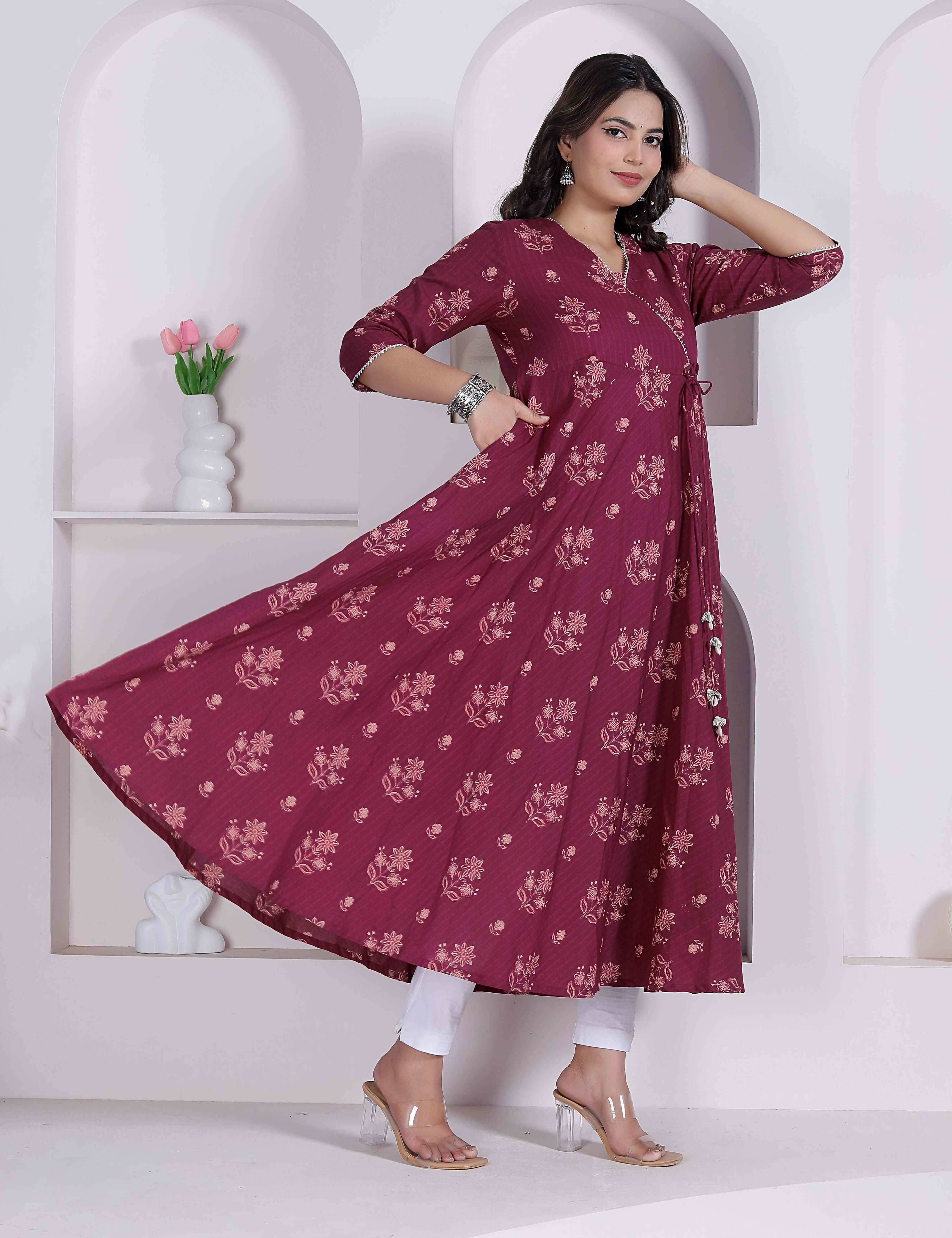 Miravan Womens Maroon Floral Printed Angrakha Style Kurta - Dista
