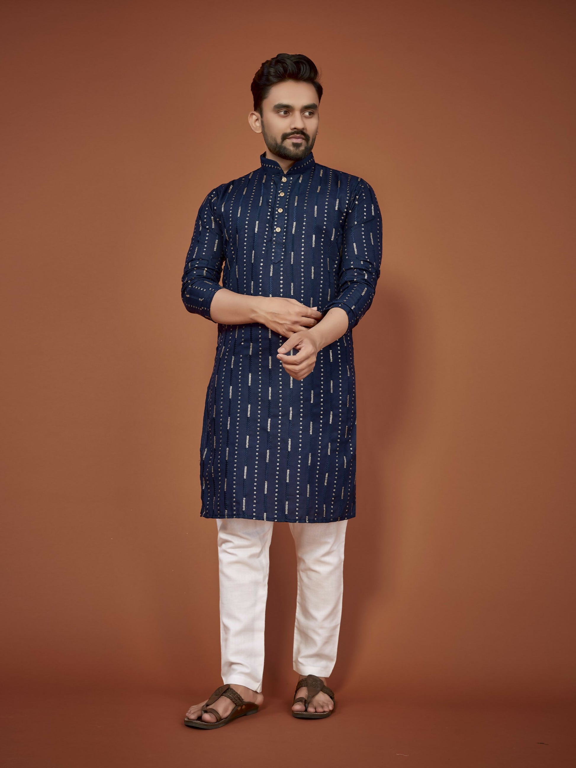 Anaita Navy Blue Embroidered Cotton Straight Kurta - Distacart