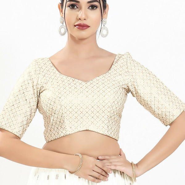 Joban Fashion Off White Silk Padded Blouse With Sweetheart Neck Elbow Sleeves - Distacart