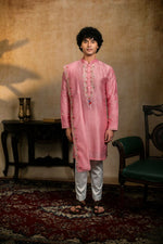 Thumbnail for Falling Raw Silk Pink Gulab Pakshi Kurta Set By Hilo Design
