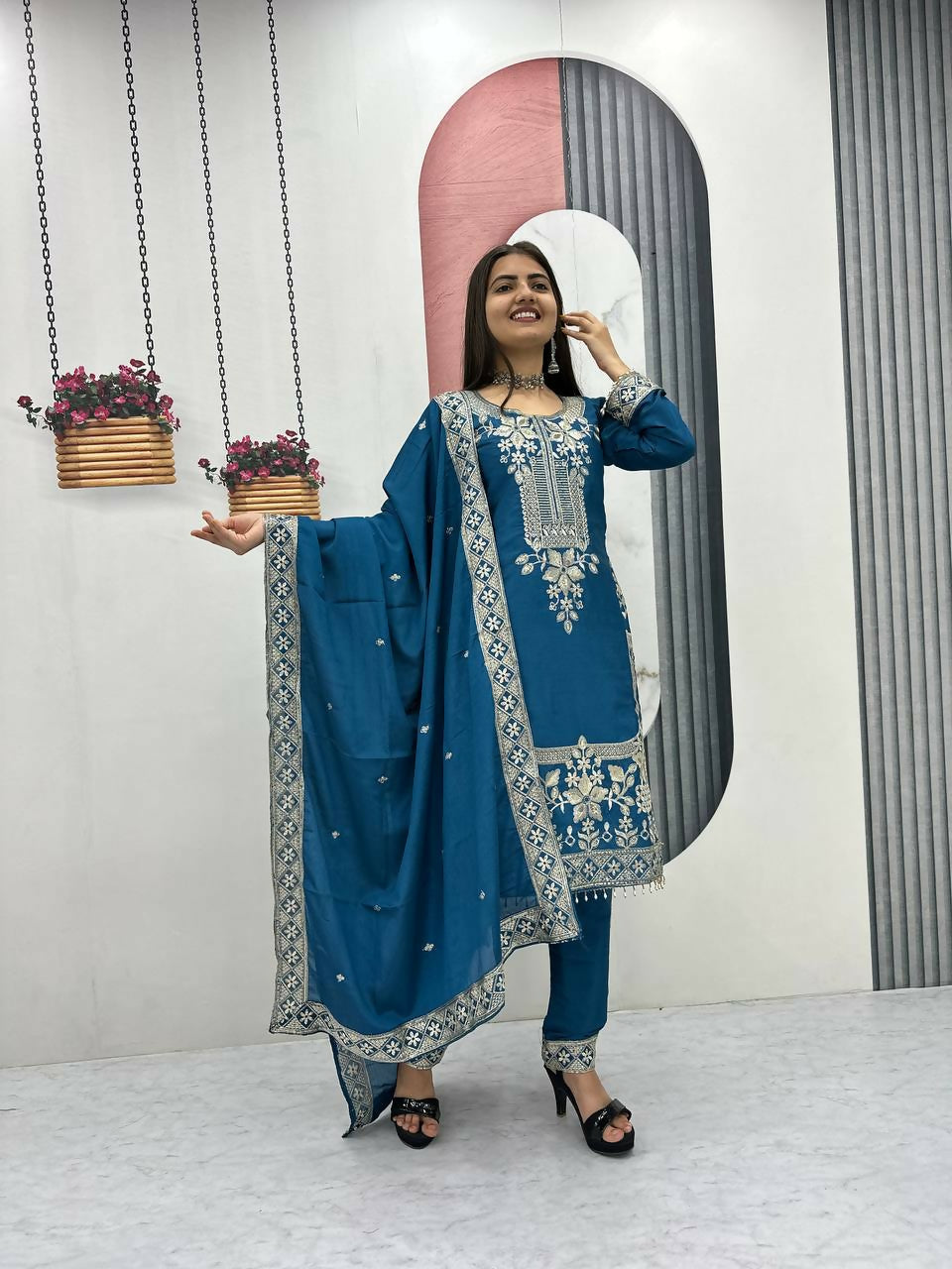 Teeya Creation Womens New Wedding Wear Heavy Embroidery Thread Work Teal Kurta Set - Dista