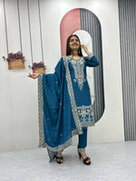 Thumbnail for Teeya Creation Womens New Wedding Wear Heavy Embroidery Thread Work Teal Kurta Set - Dista