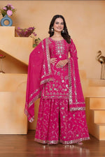 Thumbnail for Lehenga Mart Designer Sharara Suit With Kurta, Sharara, Dupatta For Women-Rani Pink - Distacart