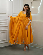 Thumbnail for The52 Orange Women's Gorgeous Viscose Fabric Embroidered Work Flared Kurta Pant and Dupatta Set - Distacart